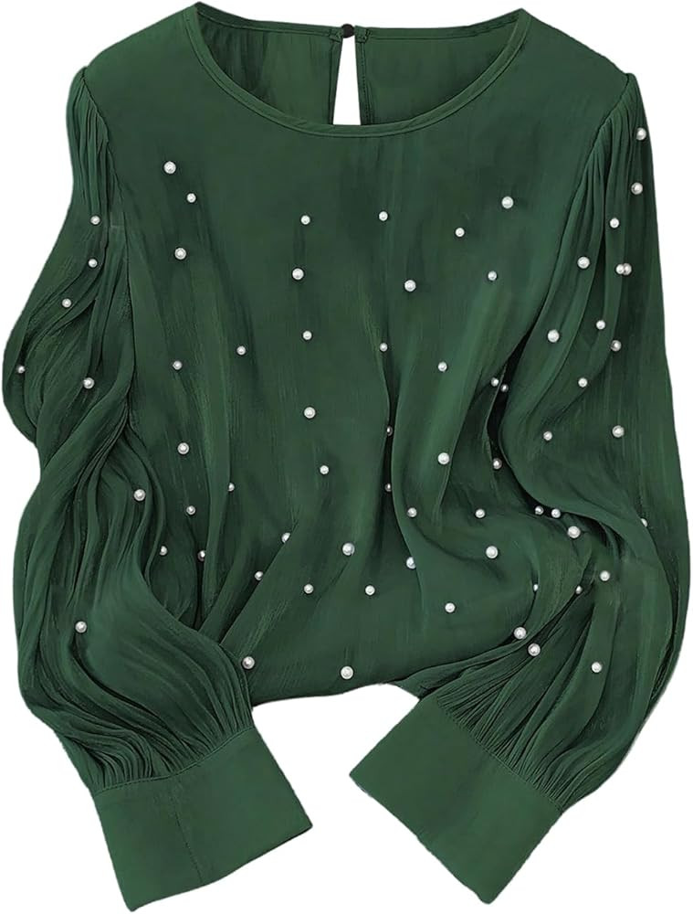 Floerns Women's Elegant Long Sleeve Blouse Tops Pearl Beaded Crewneck Dressy Casual Outfit | Amazon (US)