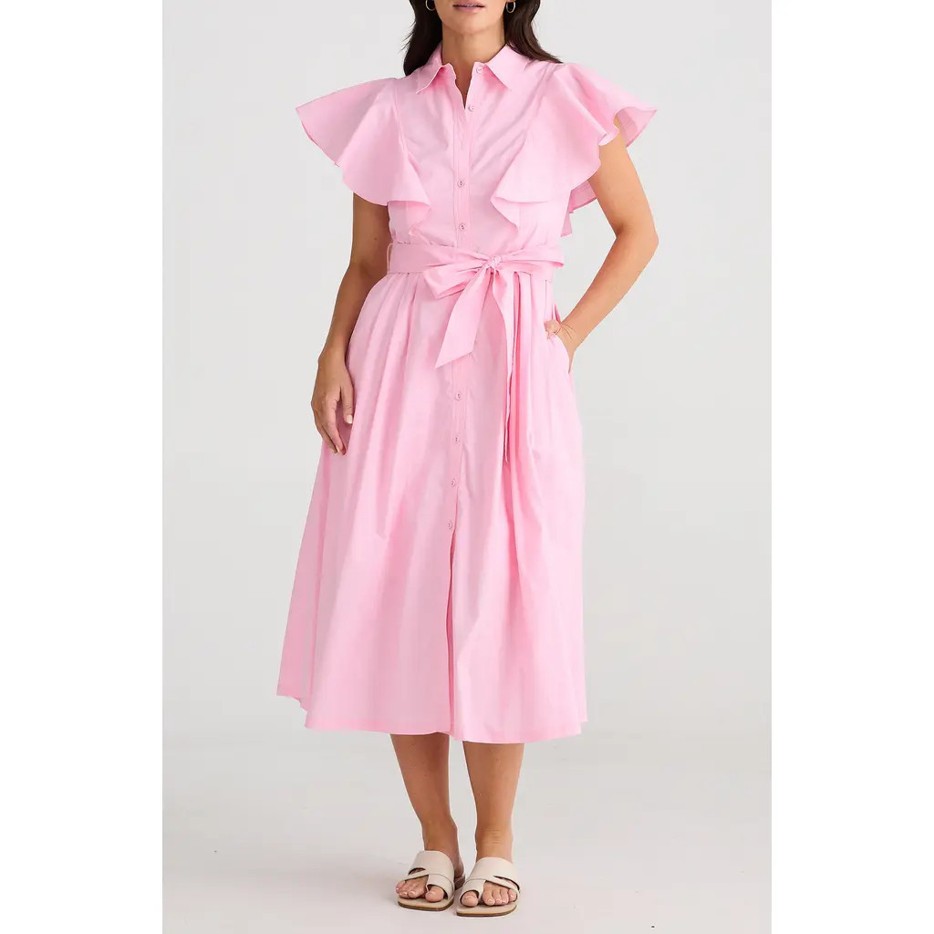Brave+True Marigold Ruffle Sleeve Cotton Midi Shirtdress in Pink at Nordstrom, Size Small | Nordstrom