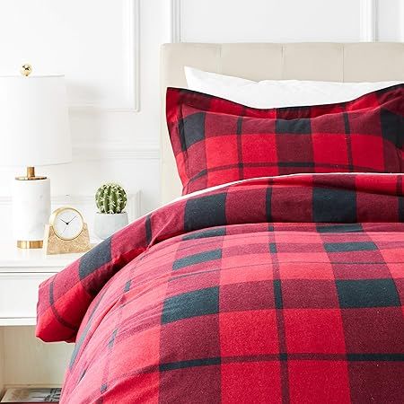 AmazonBasics Everyday Flannel Duvet Cover and 1 Pillow Sham Set - Twin or Twin XL, Red Plaid | Amazon (US)