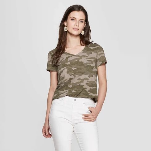 Women's Camo Print Relaxed Fit Short Sleeve V-Neck Monterey Pocket T-Shirt - Universal Thread™ ... | Target