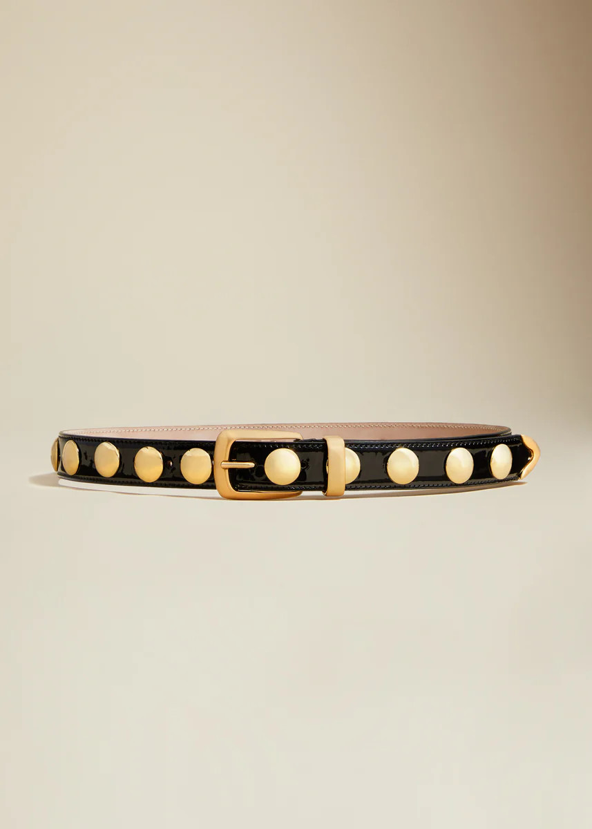 The Benny Belt in Black Patent Leather with Gold Studs | Khaite