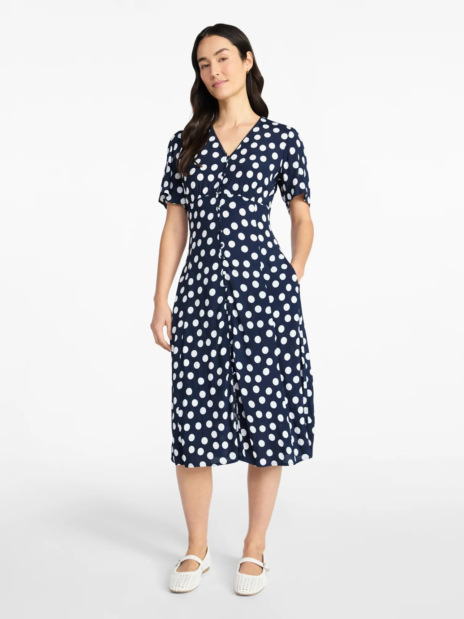 Time and Tru Women's Empire Waist Midi Dress with Short Sleeves, Sizes XS-XXXL | Walmart (US)