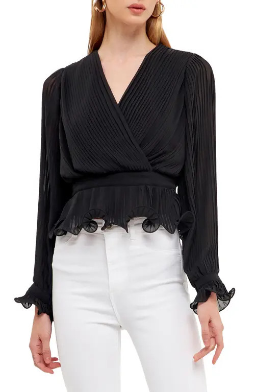 Endless Rose Surplice Pleated Blouse in Black at Nordstrom, Size Small | Nordstrom