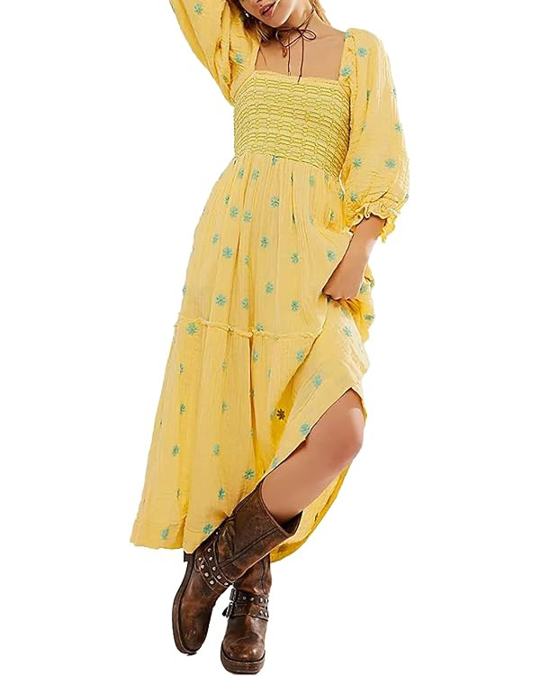 Women Floral Embroidered Maxi Dress Long Puff Sleeve Square Neck Bohemian Flowy Dress with Pocket... | Amazon (US)
