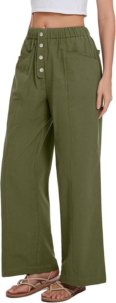 Women Cotton Pants Wide Leg Palazzo Long Lounge Slacks Drawstring High Waist Button Trousers Pock... | Amazon (US)