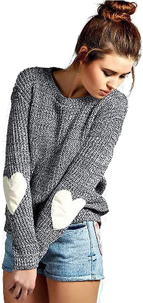 Women's Cute Heart Pattern Elbow Patchwork Casual Long Sleeve Round Neck Knits Sweater Pullover | Amazon (US)
