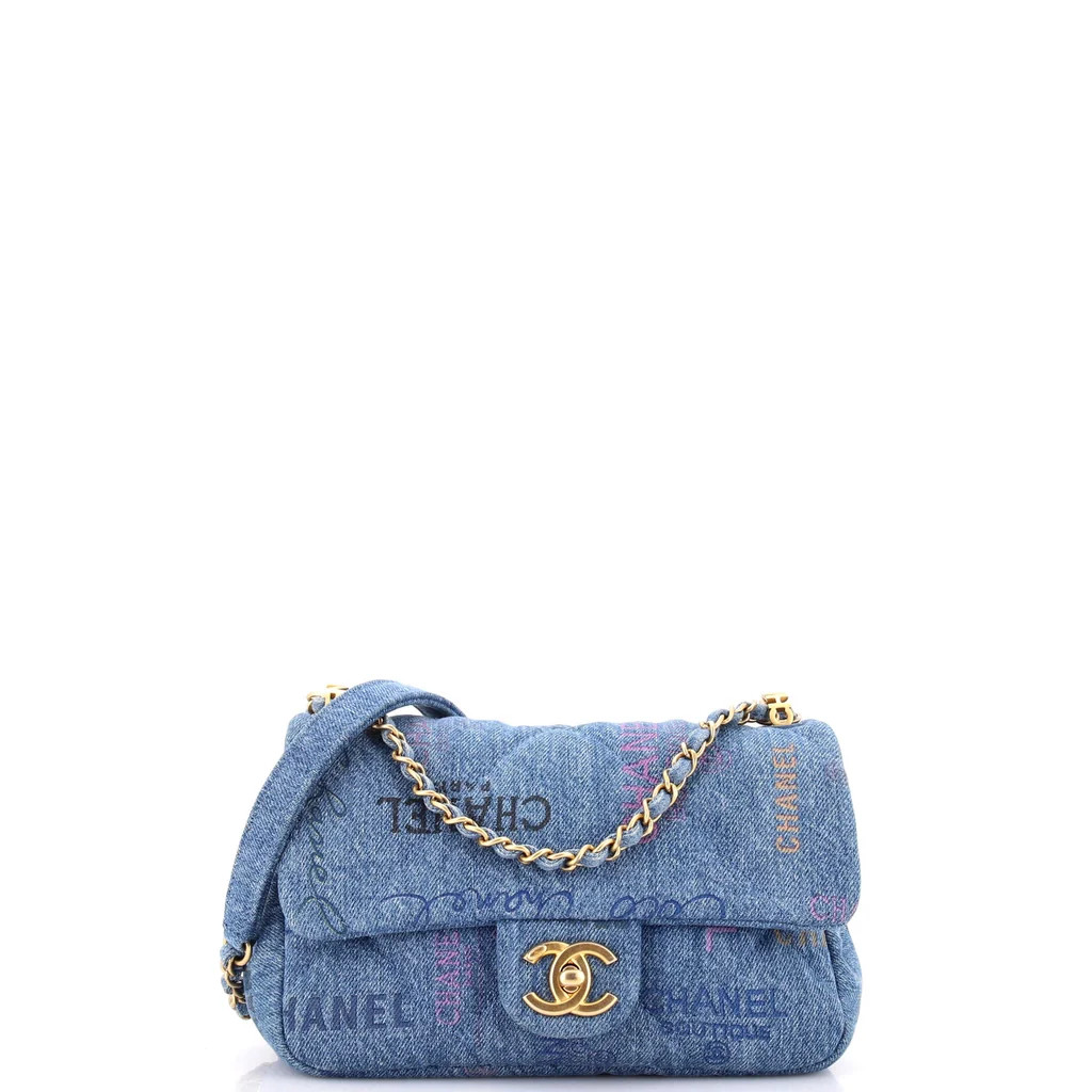 Denim Mood Flap Bag Logo Printed Quilted Denim Small | Rebag