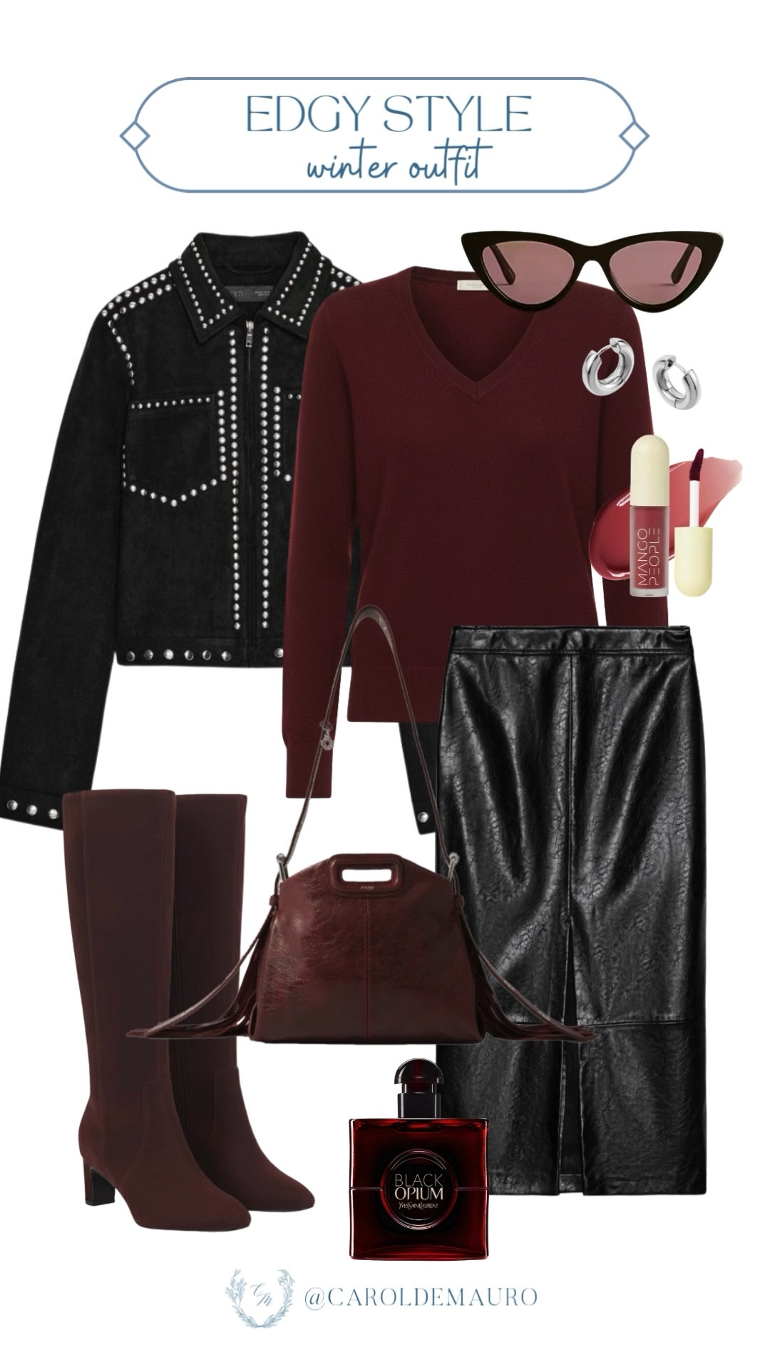 Time to upgrade your closet! This look shows you exactly how to mix textures like a pro. Love the studded black suede jacket with the sleek leather midi skirt with the matching burgundy knee-high boots and bag. You are ready for anything!

winter fashion, outfit inspo, burgundy aesthetic, street style, moto jacket, fashion accessories, dark academia, dress to impress

#LTKFindsUnder50 #LTKSeasonal #LTKU
