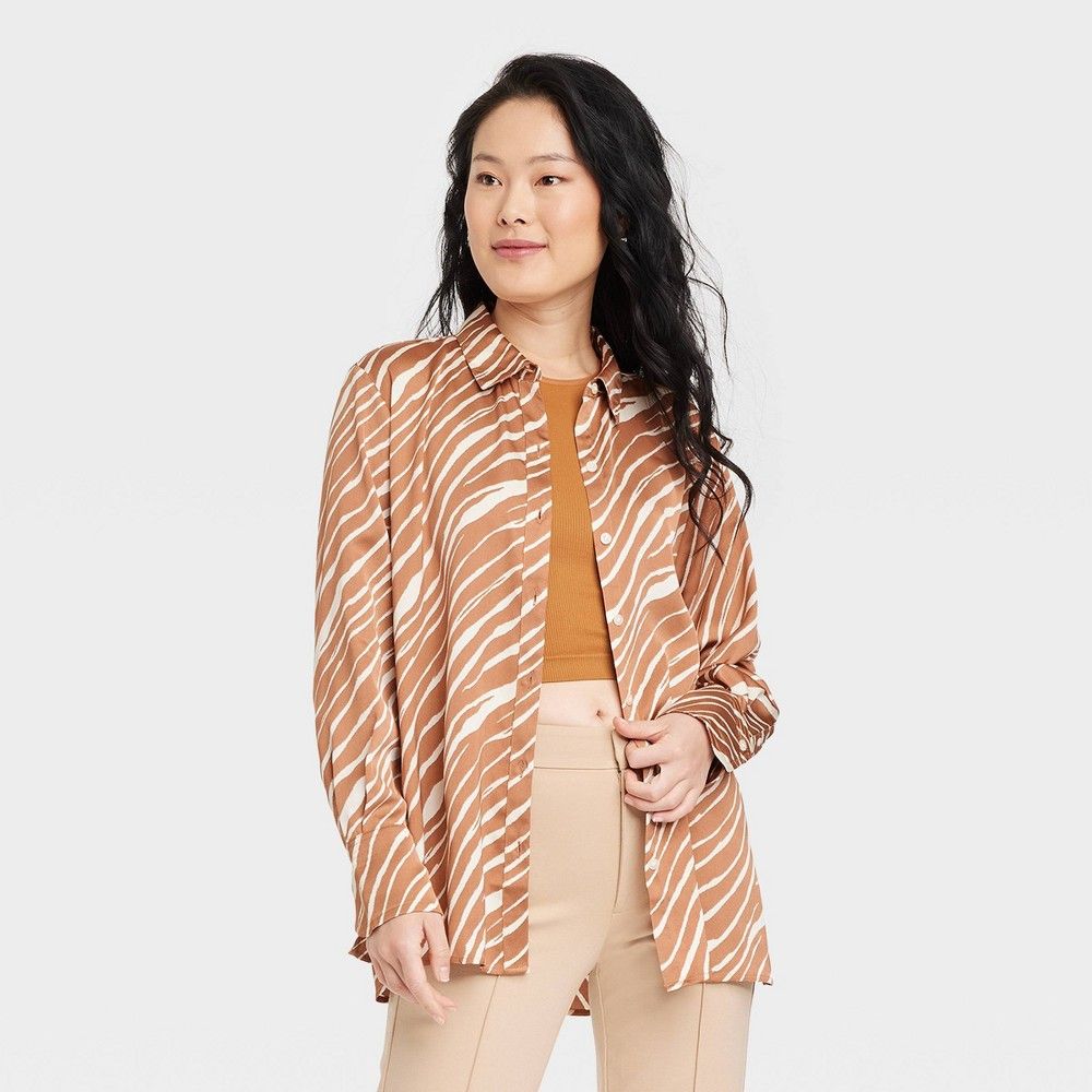 Women's Long Sleeve Oversized Satin Button-Down Shirt - A New Day Brown Zebra Striped XS | Target