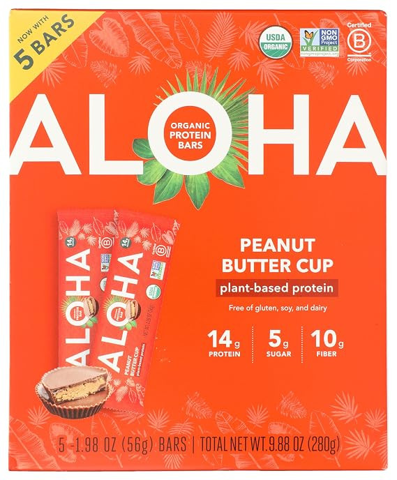 ALOHA Organic Plant Based Protein Bars, Peanut Butter Cup , 1.98-Ounce Bars, (Pack of 5) | Amazon (US)