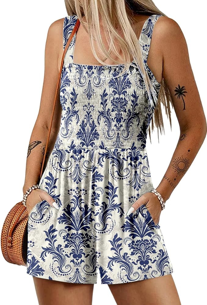 Dokotoo Women's Summer Casual Smocked Rompers Square Neck Sleeveless Loose Shorts Jumpsuits 2026 ... | Amazon (US)