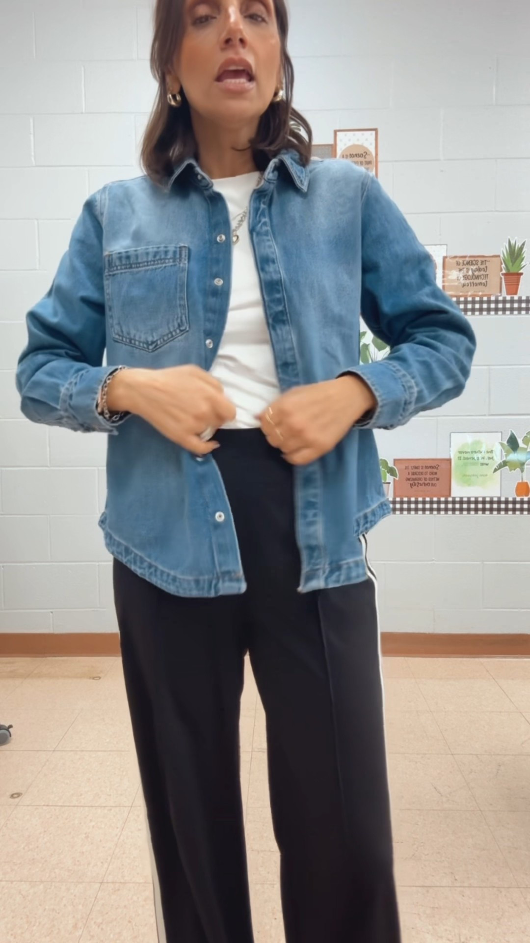 Teacher OOTD 
Loft track pants size xs regular length 
Amazon tee 
Denim shirt size small 

#LTKdayinmylife #LTKWorkwear #LTKgrwm