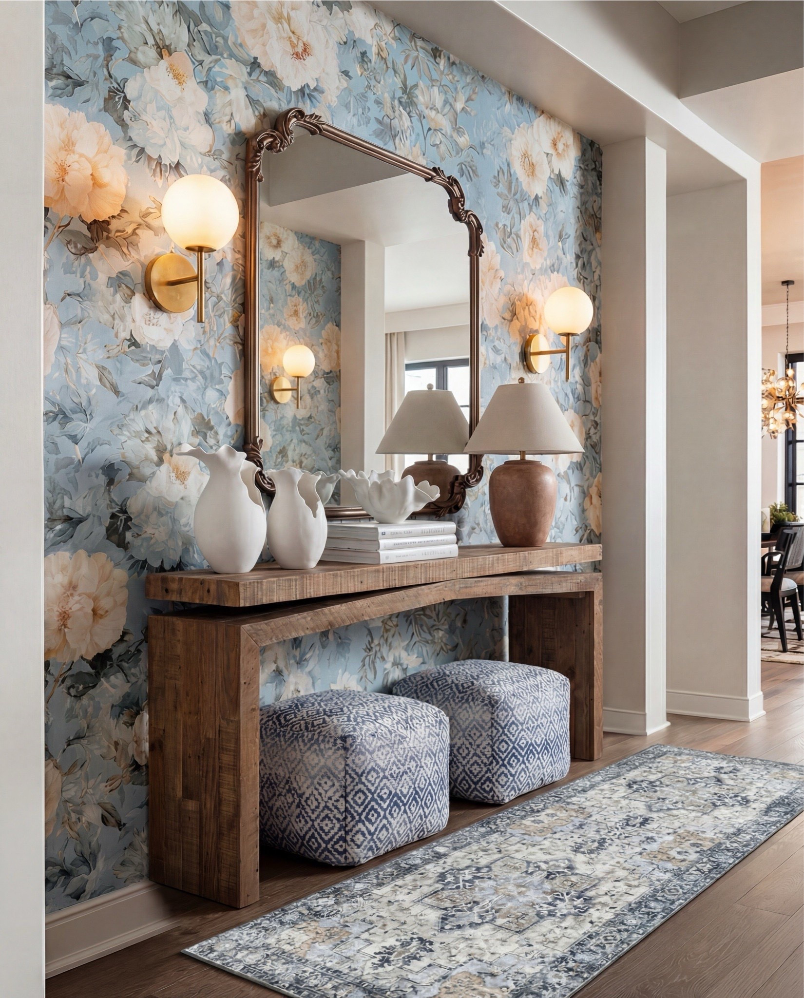 Bright, inviting, and beautifully styled — this foyer mixes rustic wood textures with soft blue floral tones for a welcoming, elevated entry moment. The reclaimed wood console brings warmth and depth, while the oversized carved mirror adds a touch of classic elegance. Blue patterned ottomans pull in the wallpaper’s tones, and layered ceramic vases create that effortless, collected look. Finished with brass globe sconces and a vintage-inspired runner, this space feels fresh, polished, and full of personality.

Shop the Look:
• Reclaimed wood waterfall console table
• Blue & cream floral wallpaper with watercolor undertones
• Carved antique-style bronze mirror
• Brass globe wall sconces
• Blue geometric patterned ottomans
• Vintage-wash blue and ivory runner
• Sculptural white ceramic vases
• Textured terracotta table lamp
• Neutral hardcover styling books
• Large white ceramic shell bowl

#LTKHome #LTKSaleAlert