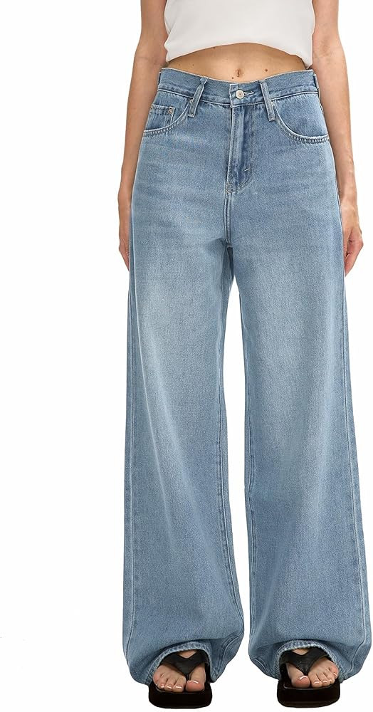 Women's Adjustable Wasit Baggy Jeans with Snap-Button Waistband Wide Straight Leg High Rise Jeans... | Amazon (US)