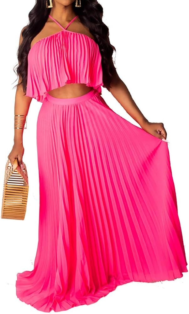 Aro Lora Women's Sexy Chiffon Sleeveless Ruffle Crop Top Pleated Long Skirt 2 Piece Maxi Dress | Amazon (US)