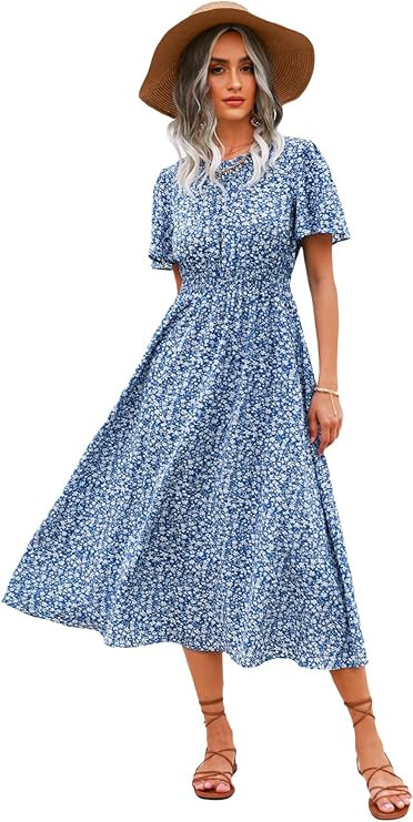 Floerns Women's Short Sleeve V Neck Floral Print Smocked A Line Maxi Dress | Amazon (US)
