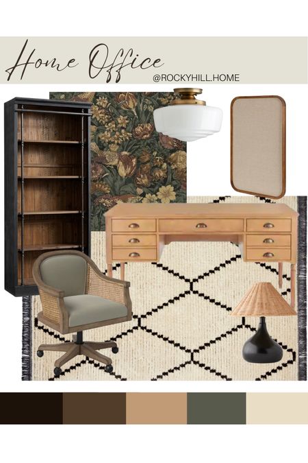 Green moody home office moodboard with floral wallpaper, light wood desk, Chris loves Julia rug, rattan shade lamp, office decor 

#LTKhome #LTKstyletip