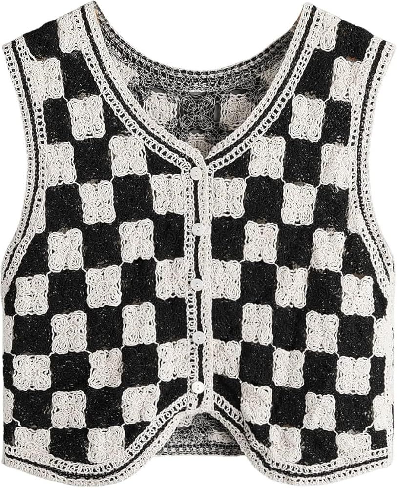 Verdusa Women's Button Front V Neck Sleeveless Checkered Knit Sweater Vest Black and White M | Amazon (US)