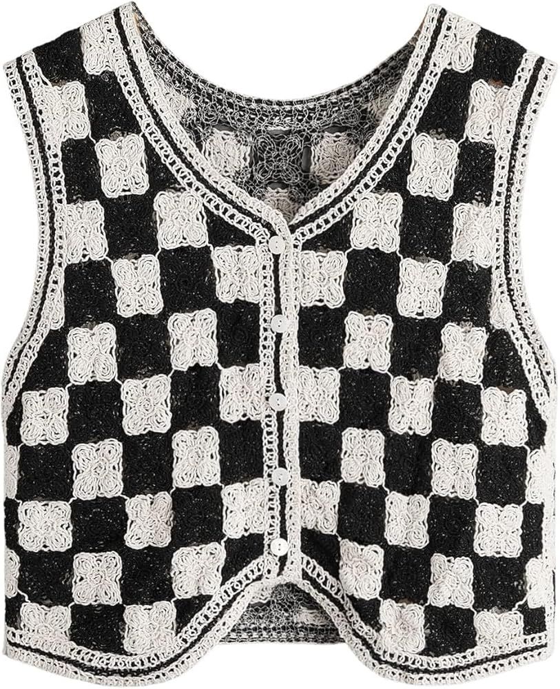 Verdusa Women's Button Front V Neck Sleeveless Checkered Knit Sweater Vest | Amazon (US)