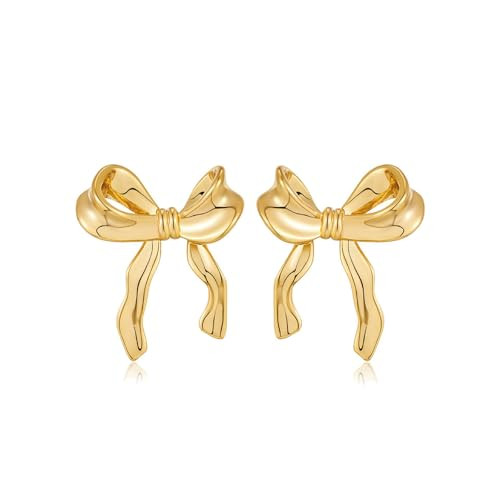 Bow Earrings Gold for Women, 14K Gold Plated Post Ribbon Knot Earrings Gold Bow Stud Earrings Daily Jewelry for Women, Bow Knot Earrings for Chirstmas, Valentines Day | Amazon (US)