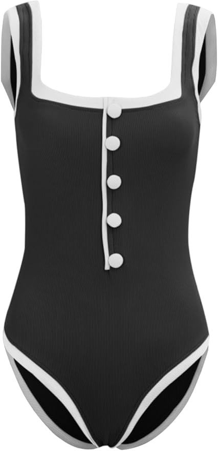 Saodimallsu Womens One Piece Swimsuit Vintage Ribbed Slimming High Cut Color Block Button Square ... | Amazon (US)