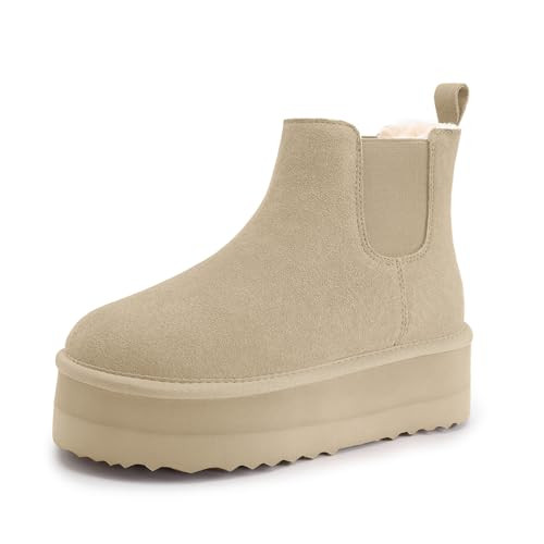 Athlefit Women's Genuine Suede Chelsea Mini Platform Boots Winter Warm Fur Fleece Lined Anti-Slip Ankle Snow Boots for Indoor Outdoor Sand Size 10 | Amazon (US)