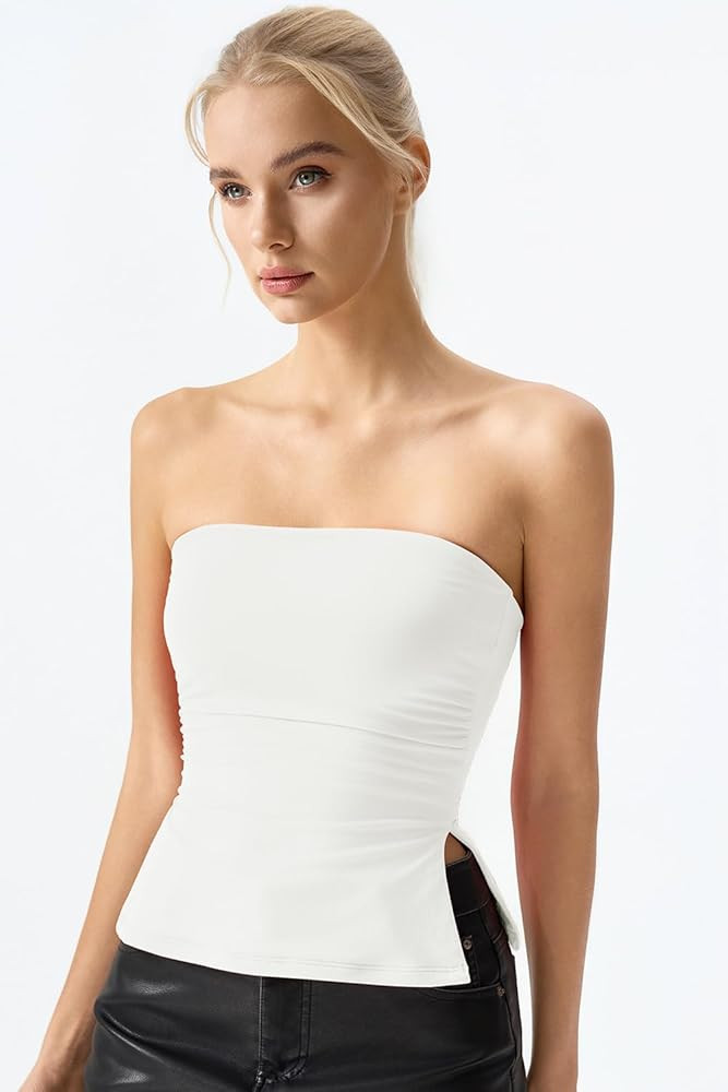 QINSEN Women's Tube Top Double Lined Side Split Strapless Bandeau Top Ruched Summer Going Out Tan... | Amazon (US)