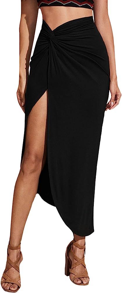 SheIn Women's Split Thigh Twist Front Midi Skirt High Waist Asymmetrical Slit Long Skirt Cover Up | Amazon (US)