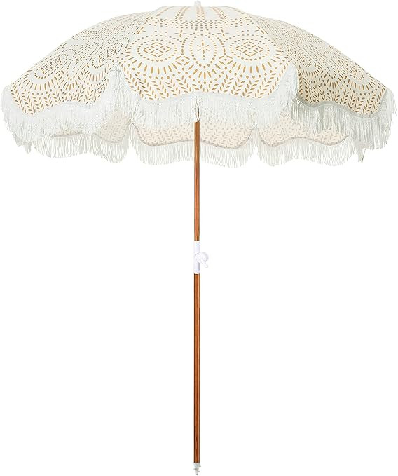 Business & Pleasure Co. Holiday Umbrella | 5’W x 6.5’H White Boho Fringe Beach Umbrella | UPF... | Amazon (US)