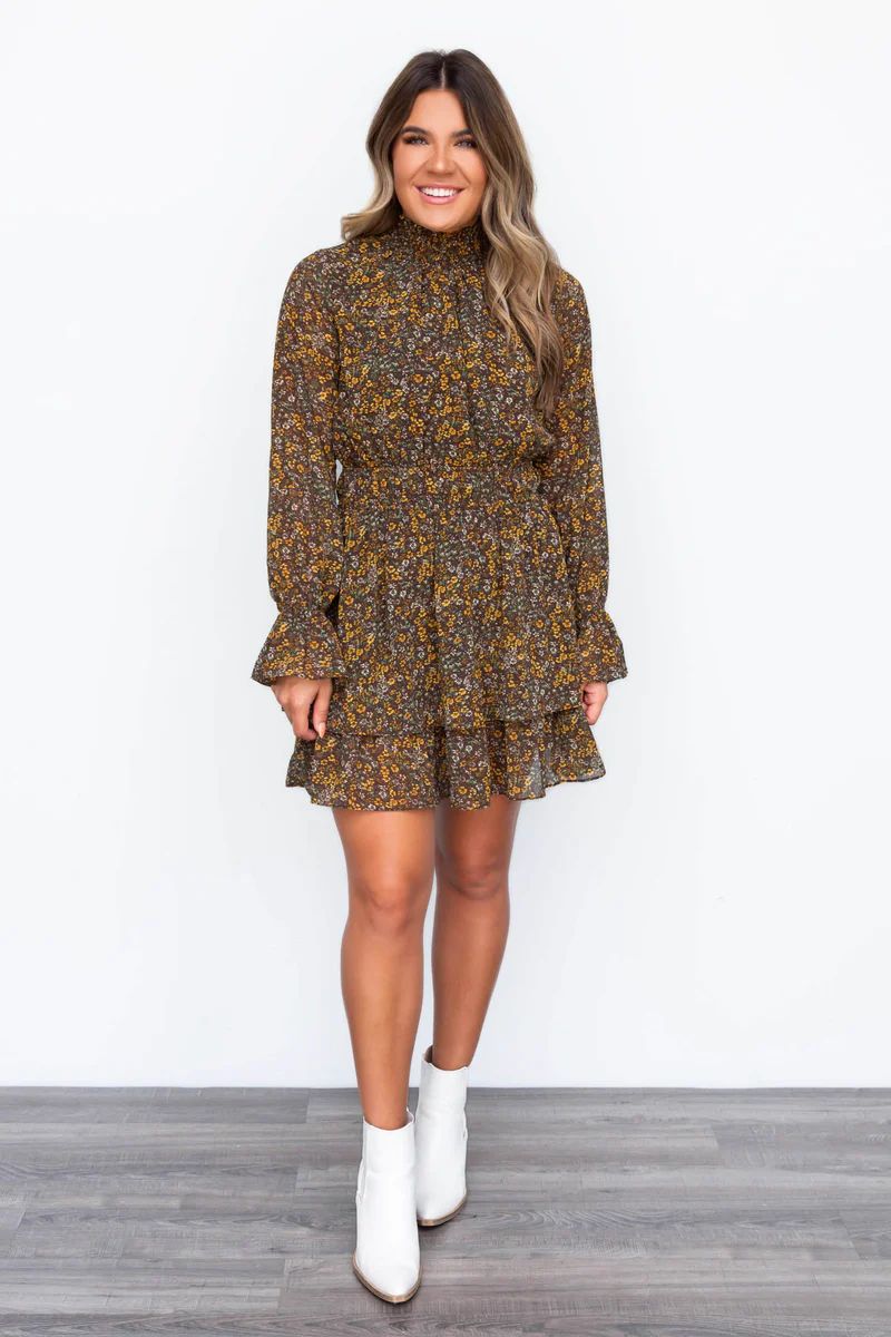 Wildflower Brown/Mustard Floral Mini Dress | Apricot Lane Boutique