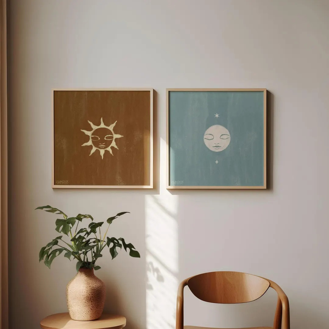Print Set Sun and Moon Art Poster Moon Sun Decor Boho Gallery Wall Celestial Wall Hanging Neutral... | Etsy (US)