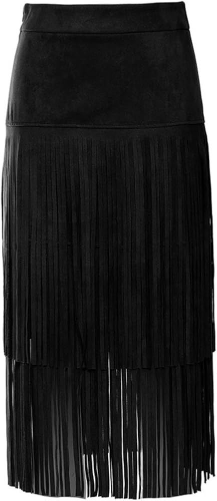 Suede Fringe High Waisted Midi Bodycon Cowboy Skirt | Amazon (US)