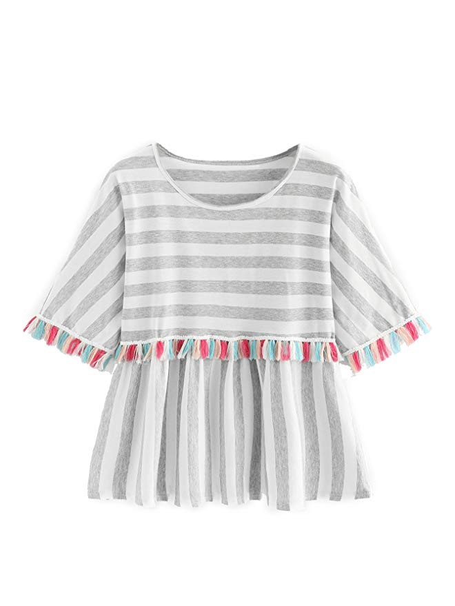 Romwe Women's Short Sleeve Colorblock Striped Print Fringe Trim Ruffle Tee Blouse Top | Amazon (US)