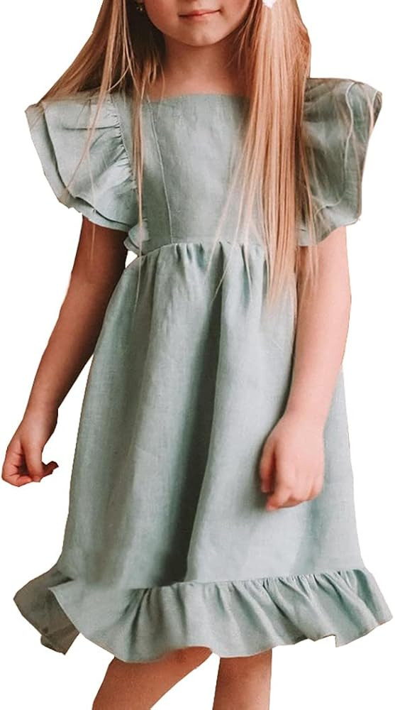 Bigeoosh Girls Dress Linen Boho Party Ruffle Sleeve A-Line Floral Hem Loose Fit Summer Outfits fo... | Amazon (US)