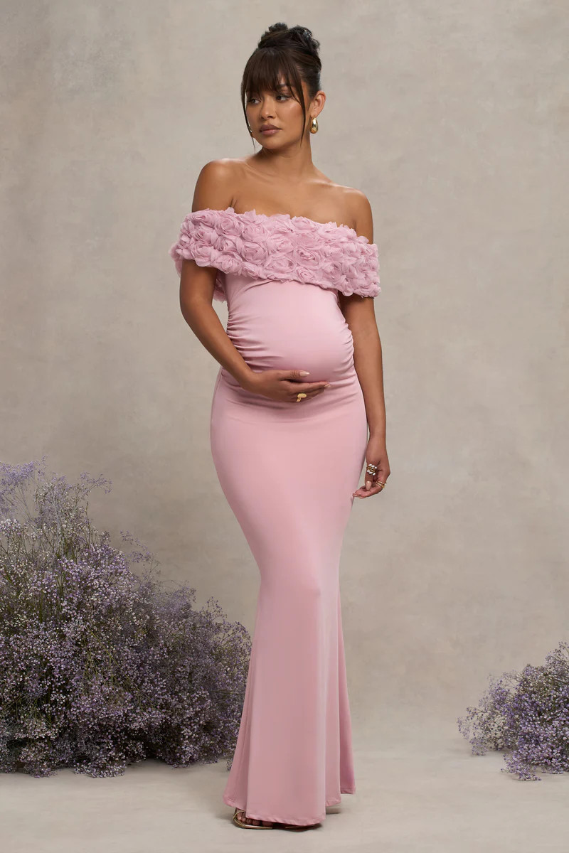Inflorescence | Blush Pink Mesh Floral Bardot Maternity Maxi Dress | Club L London