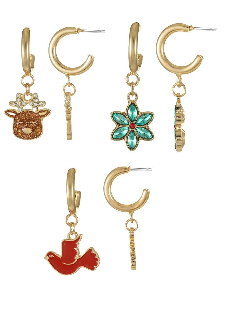 Holiday Time Goldtone Hoop and Christmas Charm Earrings, 3 Pairs | Walmart (US)