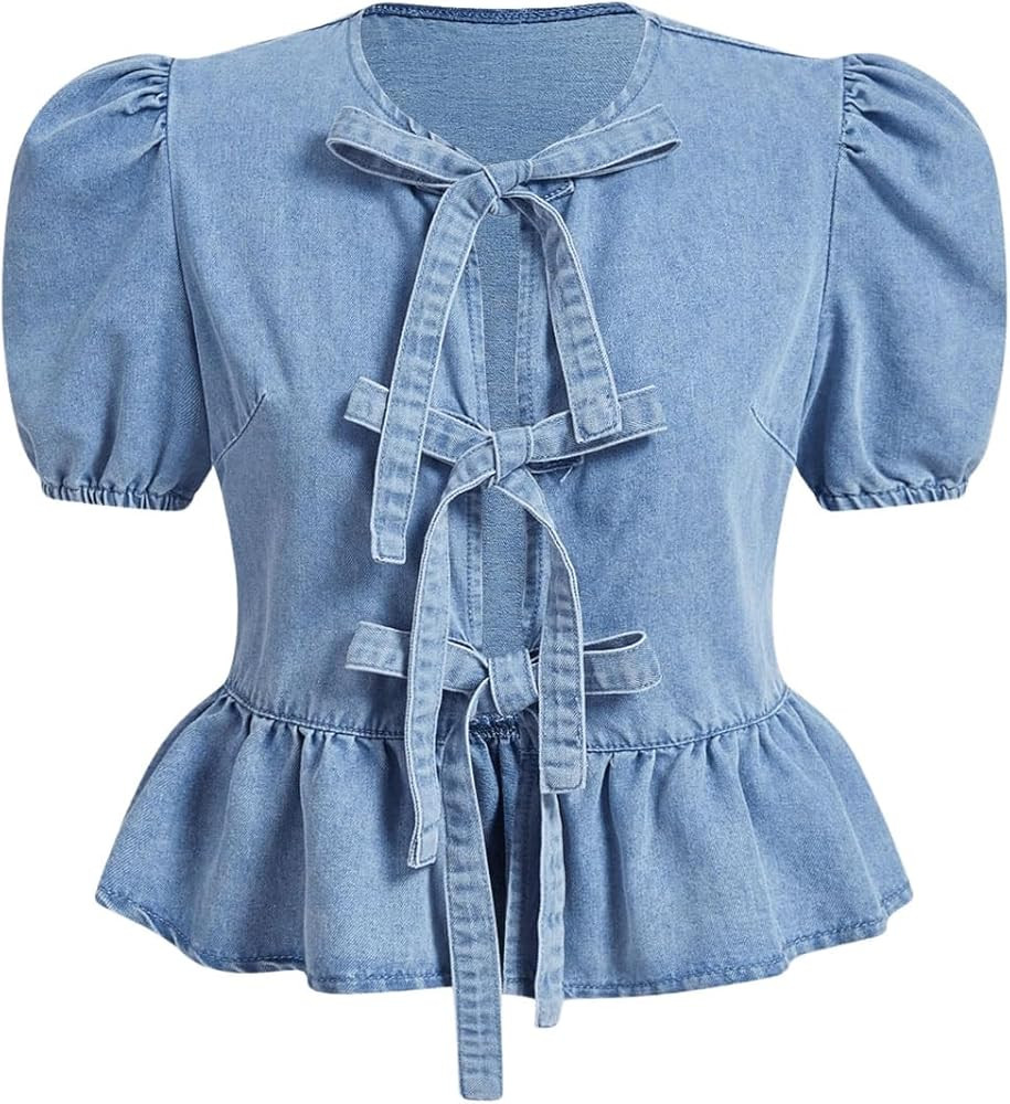 WDIRARA Women's Bow Front Denim Peplum Shirt Puff Sleeve Y2k Babydoll Tops | Amazon (US)
