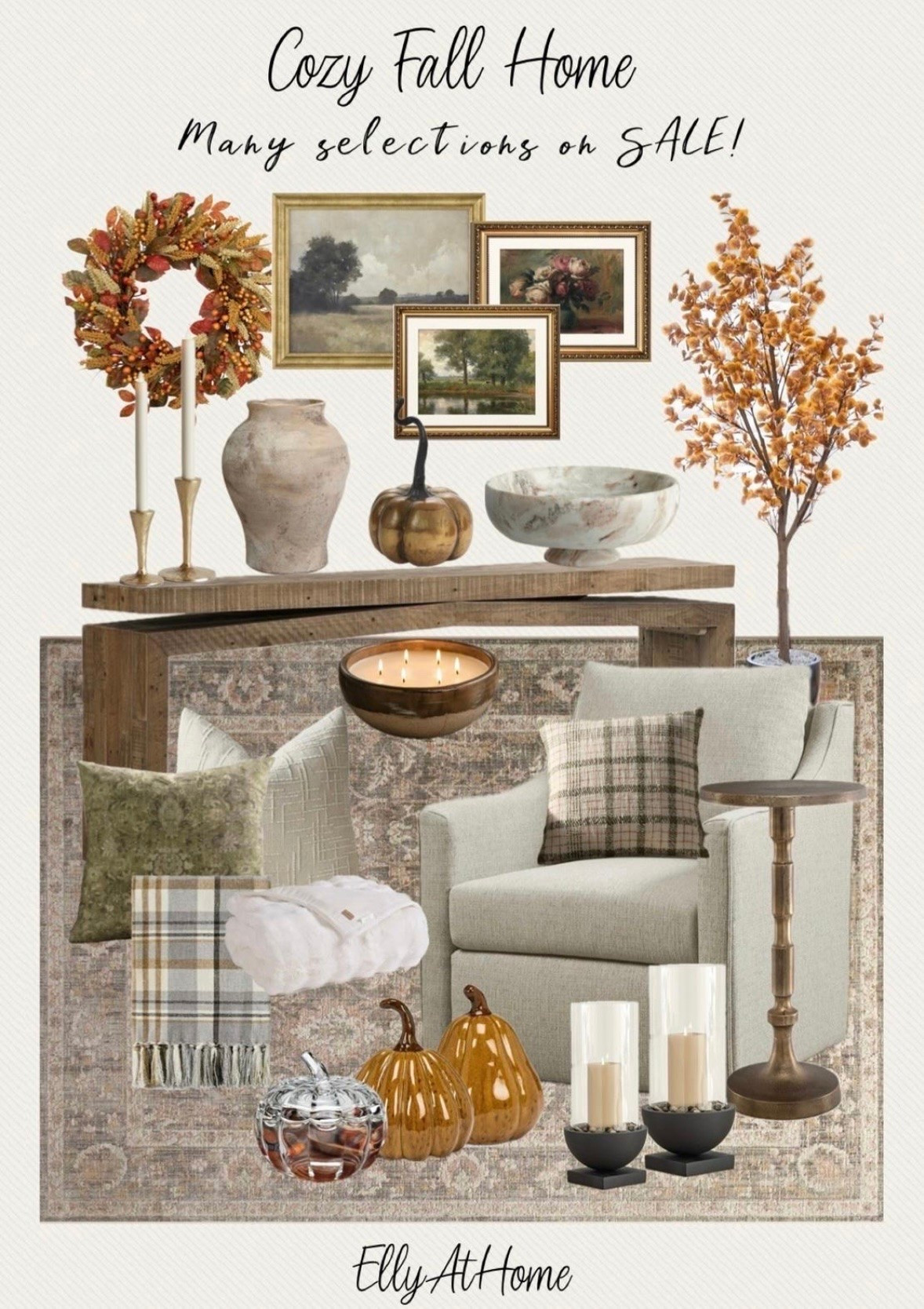 Wayfair fall home styling! Many selections on sale! Shop fall decor, throw pillows, console table, neutral area rugs, cozy accent chairs, pumpkins, fall faux tree, candleholders, fall wreath, tree and more home decor accessories.