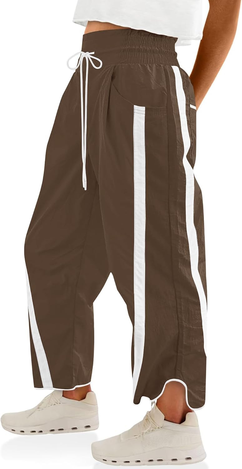 LOMON Womens Baggy Wide Leg Pants 2026 Lightweight Drawstring Contrast Color Elastic Waisted Y2K Track Pants with Pockets | Amazon (US)