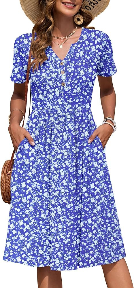 WNEEDU Women Summer Dresses Short Sleeve Casual Loose Swing Button Down Dress Elastic Waist Sundr... | Amazon (US)