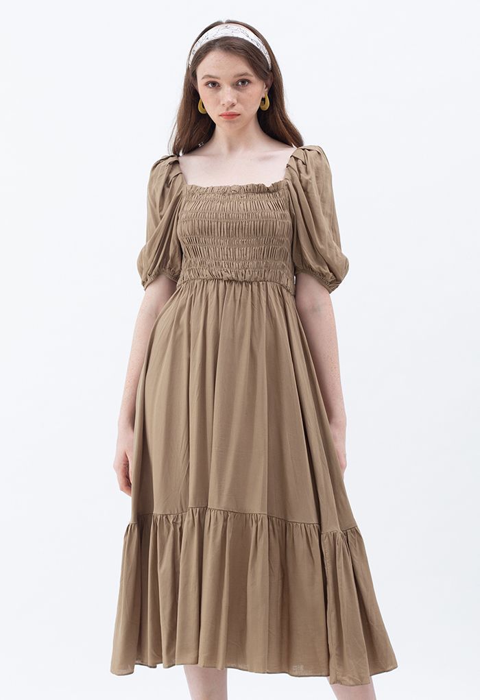 Square Neck Puff Sleeve Shirred Dress in Brown | Chicwish