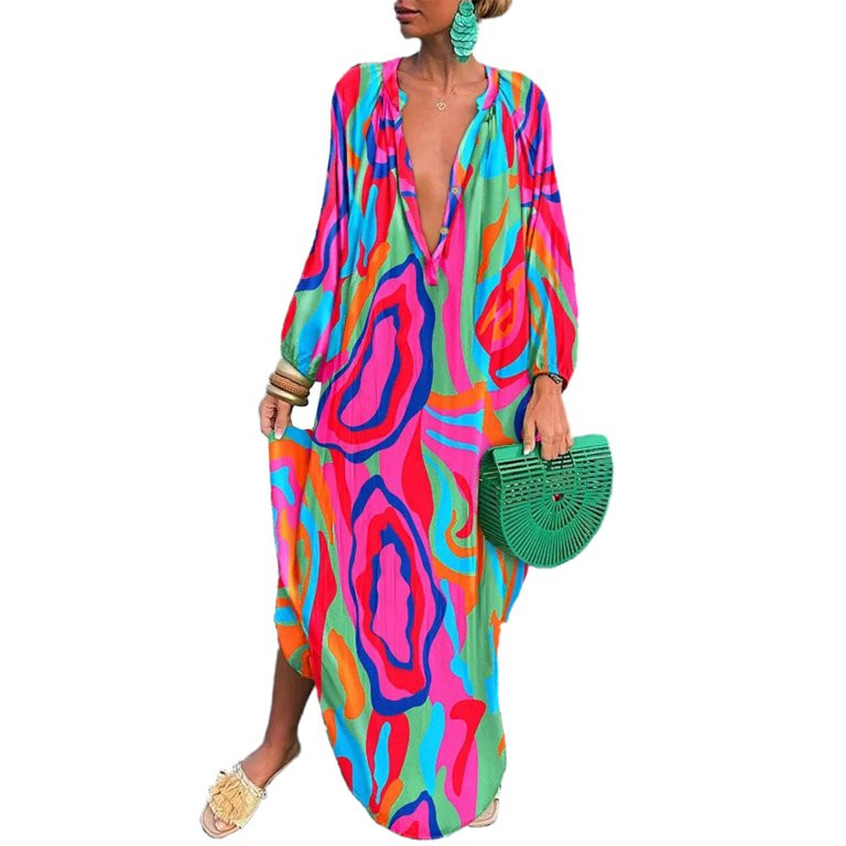 Frontwalk Womens Kaftan Zebra Print Maxi Long Dresses Casual Loose Shirt Dress Spring Fall Button... | Walmart (US)
