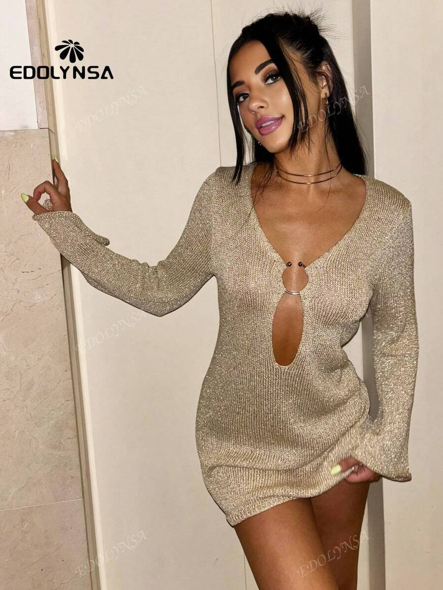 Sexy Metallic Ring Hollow Deep V-Neck Knit Wrap Knit Mini Dress Flared Sleeve Slim Knitted Sweate... | SHEIN