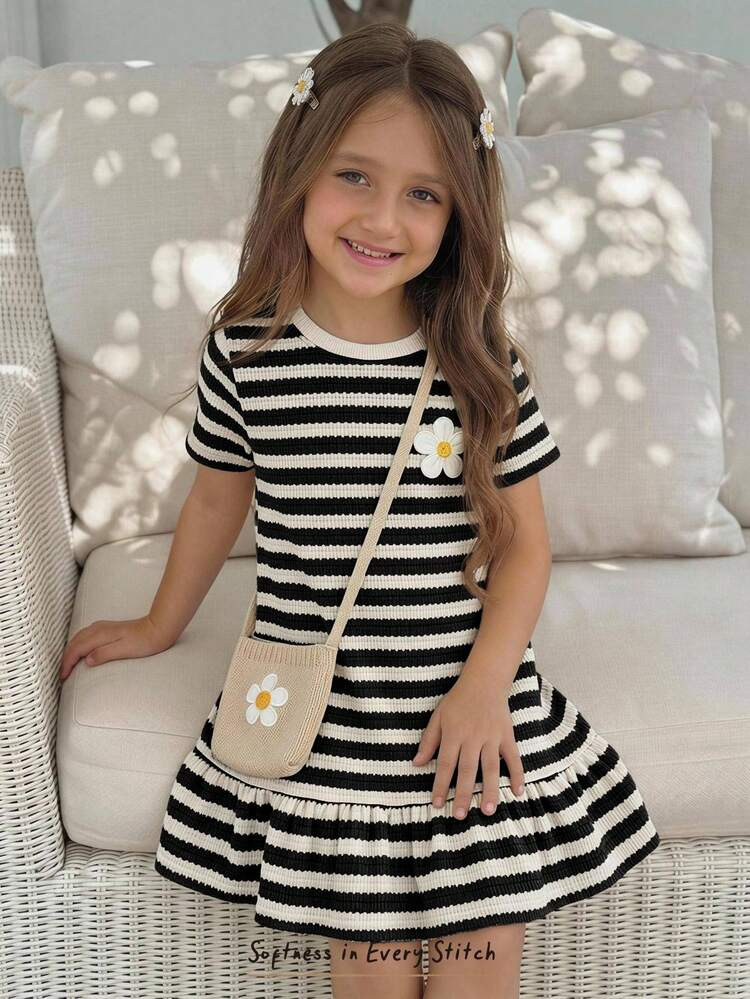 Cozy Pixies Young Girl Young Girl Young Girl 3D Floral Decor Striped Casual Summer Fashion Dress | SHEIN