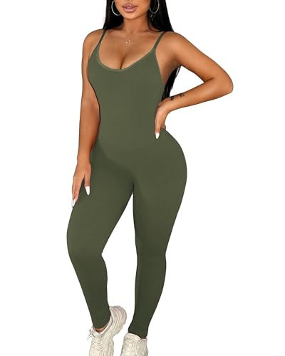 Workout Jumpsuits for Women Gym Clothes Bodycon Jumpsuit One Piece Bodysuit Outfits Romper Yoga Body Suit Tight Onesie (Green, Medium) | Amazon (US)