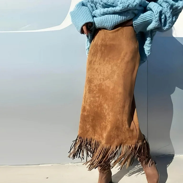 purcolt Womens Faux Suede Fringe Maxi Skirts Western Cowgirl Tassel Hem Boho High Waist A Line Lo... | Walmart (US)
