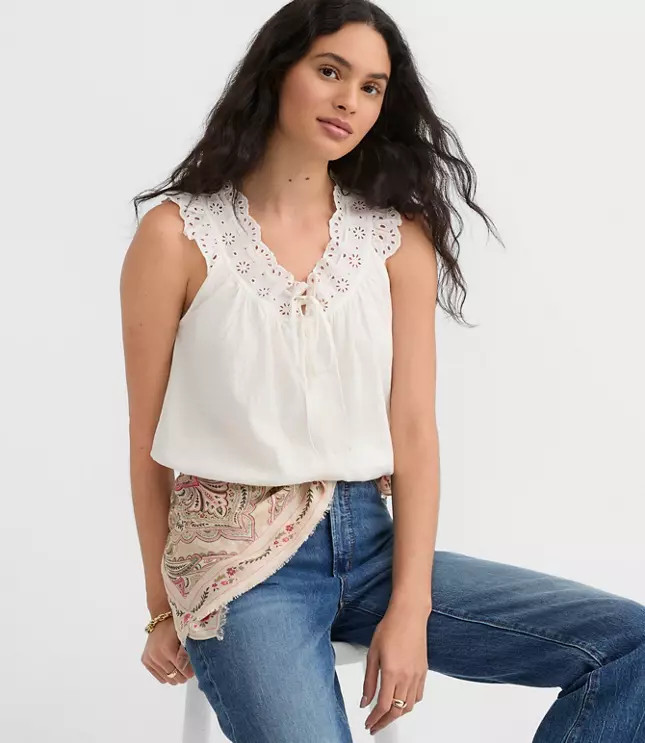 Eyelet Ruffle Tie Neck Button Top | LOFT