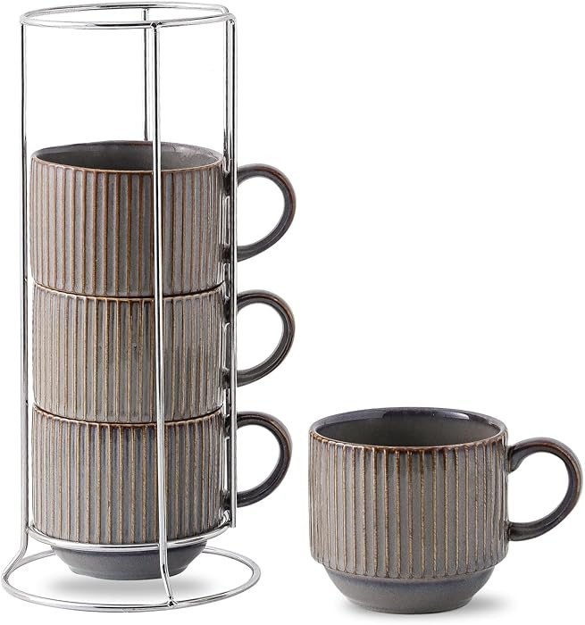 HASENSE Porcealin Coffee Mugs, Stackable Coffee Cups Set of 4 with Stand - 15 oz Large Ceramic Ri... | Amazon (US)
