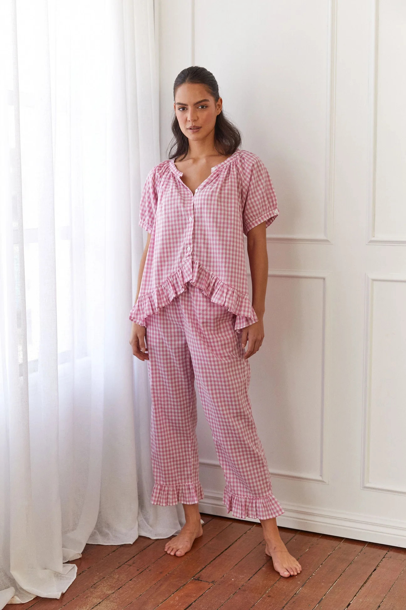 Sophie Sleep Set - Pants - Cotton - Gingham Berry | Piyama
