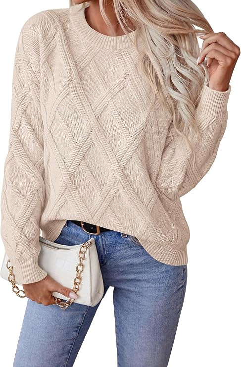 Women's Long Sleeve Sweaters Crewneck Cable Knit Pullover | Cute Knitted,Loose Fit Daily Wear,Bus... | Amazon (US)